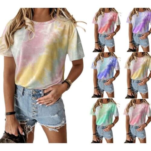 Womens Loose Round Neck Short Sleeve Printed Tie-dye T-shirt Top Blouse