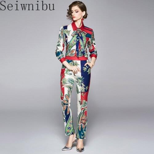 Runway Women Long Sleeve Shirt 2 Piece Set Spring Autumn Floral Print Bowknot Blouse Suits+Fashion Pencil Pants Set