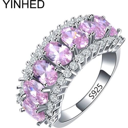 YINHED Brand Wedding Rings for Women Genuine Solid 925 Sterling Silver Engagement Ring Fashion Pink Zircon CZ Jewelry ZR262