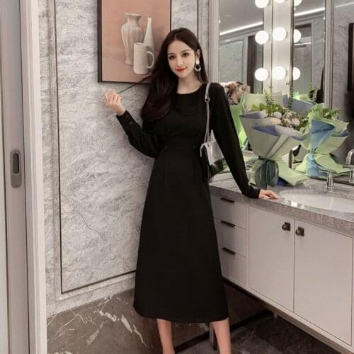 Korean Style A-line O-neck Vogue Dress Female 2019 Autumn New Solid Slim Long-sleeve Button Over-knee Womens Dress Vestidos