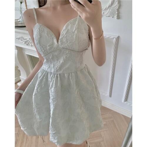 French summer tea dress retro slim waist suspender dress female summer Jacquard spaghetti short style dresses