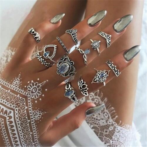 13 Pcs/Set Women Fashion Bohemian Punk Elephant Turtle Heart Flower Crown Gem Crystal Joint Ring Lady Party Ring Set Gift