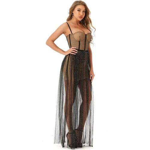 2021 Summer New Womens Temperament Hot Rhinestone Stitching Mesh Tight Sling Bandage Dress Sexy Woman Runway Dress Vestidos