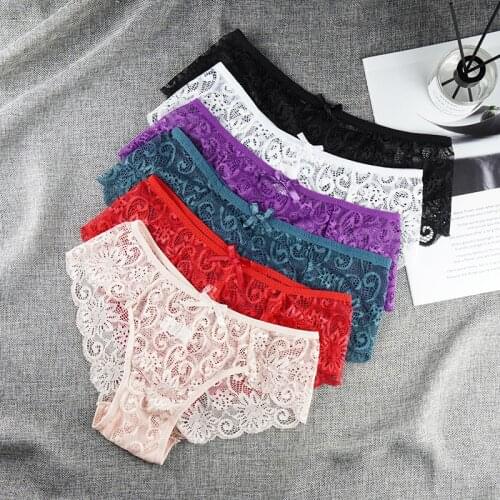 3 Pcs Lot Sexy Lingerie Femme Wholesale Women Underwear Lace Hollow Out Briefs for Lady Panties with Bow Solid Color Underpants