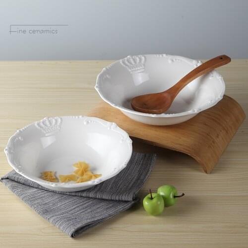 9/10inch, white embossed porcelain kitchen bowl for serving, crown ceramic candy bowl, salad mixing bowls, big soup bowls