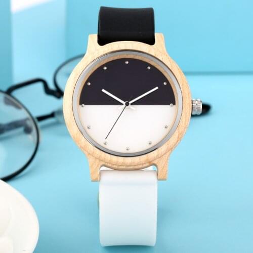 Simple Maple Wooden Watch Male Unique Two-Color Stitching Clock Silicone Band Quartz Wristwatches for Men Women Christmas Gifts