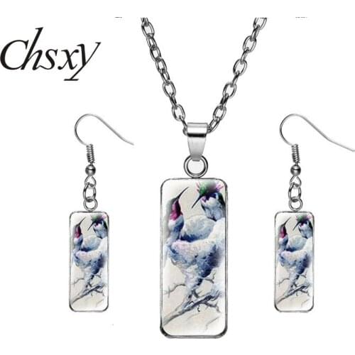 CHSXY Colorful Flying Hummingbird Jewelry Sets Art Photo Pendants Rectangle Necklace Earrings For Women Gift Fashion Jewelry