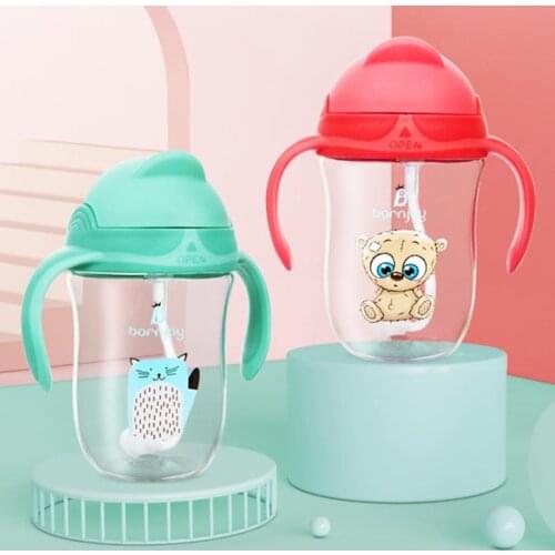 Baby Feeding Bottle Kids Cup Silicone Sippy Children Leakproof Drinking Cups Cartoon Infant Straw Handle Drinkware