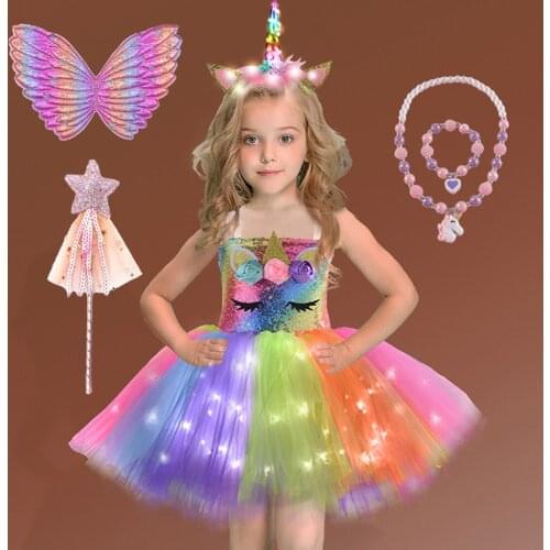 Girls Unicorn LED Tutu Dress with Wings Headband Sequins Kids Ballet Ball Princess Costume for Birthday Party Halloween Cosplay
