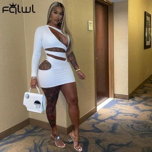 FQLWL Autumn Sexy White Dresses For Women 2021 One Shoulder Long Sleeve Bodycon Dress Female Hollow Out Club Party Mini Dress
