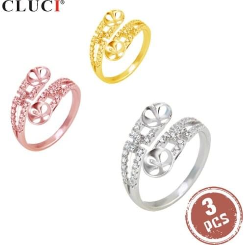 CLUCI 3pcs 925 Sterling Silver Adjustable Rose Gold Pearl Ring Mounting Symmetric Women Zircon Wedding Engagement Ring SR2062SB