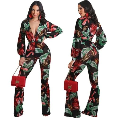 Sexy Deep V Shirt Jumpsuit Womens High Waist Slim Print Casual Straight Pants 2021 Summer Fashion New Beach-style Loose Jumpsuit