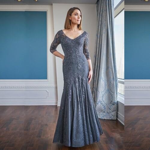 Latest Graceful Full Length Dusty Blue Lace Half Sleeves Mother of the Groom Dresses High Side Split V Neck Wedding Party Gowns