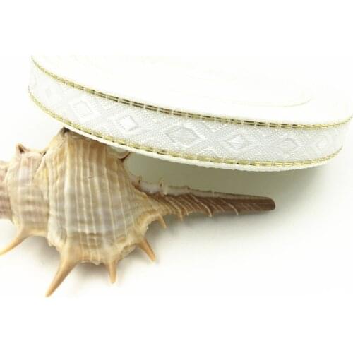 Fashion design 2018 NEW wholesale 12mm 20yards/lot white with golden line Geometric Pattern Woven Jacquard Ribbon