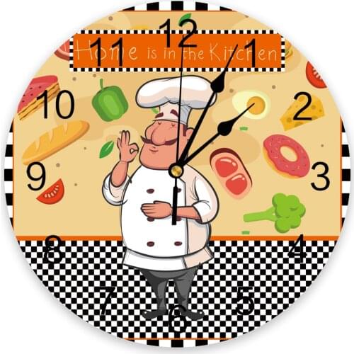Kitchen Cook Vegetables Meat Dessert Plaid Print Wall Clock Wall Art Silent Round Wall Watch for Home Decortaion Gift