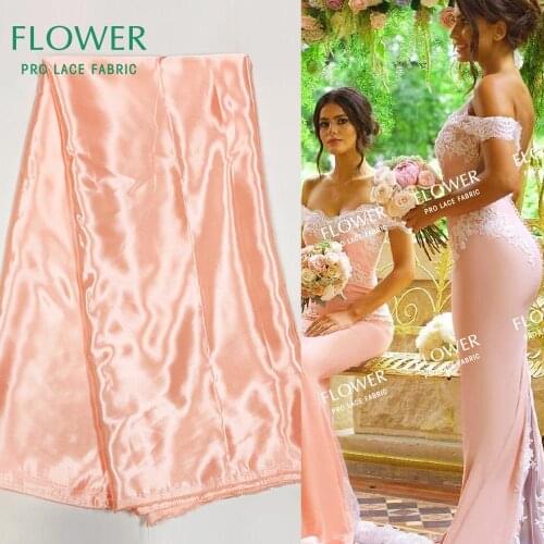 New 5 Yards Satin Lace Fabrics Peach Color African Nigerian Women Or Men Wedding Prom Noble Dresses Fabrics Satin Silk Material