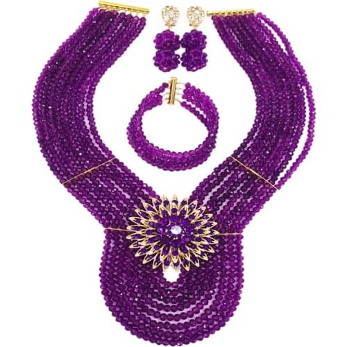 New Purple Crystal Costume Nigerian African Wedding Beads Jewelry Necklaces Set Bridal Beads Sets 8PD14