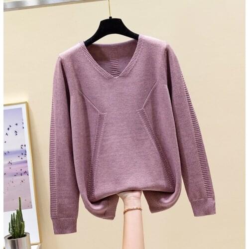 Dress new Korean V-neck loose fitting womens sweater Pullover fashion foreign style top knitted bottom coat fashion
