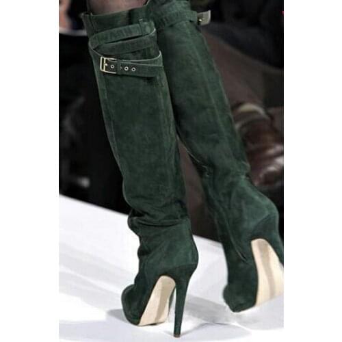 New designer platform buckle strap high heel boots high quality green suede leather stiletto heel women boots winter long boots