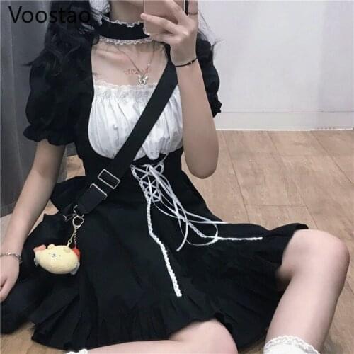 Japanese Gothic Lolita Dress Women Victorian Retro Puff Sleeve Slim Dress Cute Soft Girls Lace Ruffles Bandage Black Mini Dress