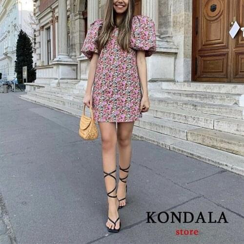 Women dress vintage floral print summer 2020 za dress short puff sleeve square collar mini dresses female elegant vestidos mujer