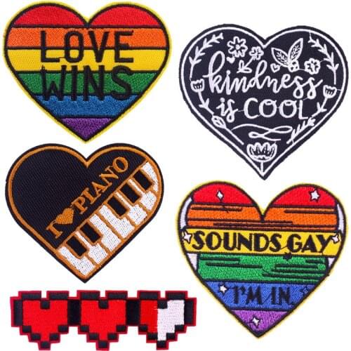 Rainbow Heart Embroidery Patches Iron on Gay Love Badges Piano Keys Cloth Stickers Thermo Adhesive Appliques for Clothes Holes