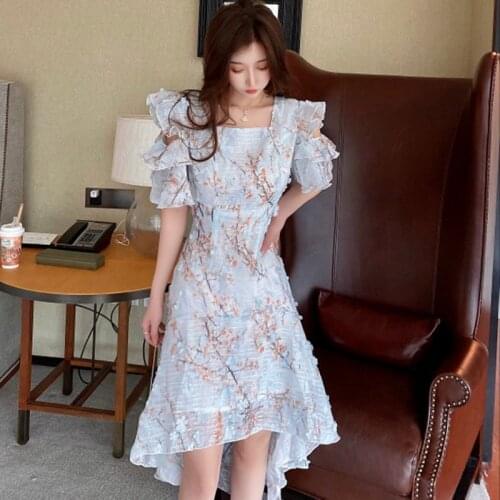 Luxury Elegant Party Dress Women Floral Embroidery Mini Dress Plus Size High Waist Runway Dress Summer Square Collar Blue B973