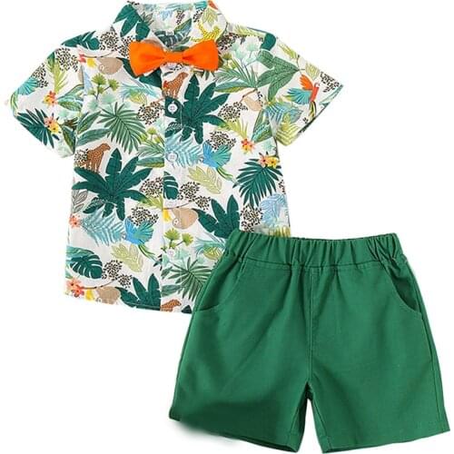 Cute Gentleman Boys Summer Sets Turn Down Collar Dictachable Bow Toddler Shirt + Shorts Oufit Kids Clothes