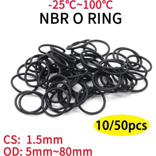 10pc NBR O Ring Seal Gasket Thickness CS 1.5mm OD 5~80mm Nitrile Butadiene Rubber Spacer Oil Resistance Washer Round Shape Black