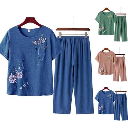Women Short Sleeve T-shirt Top Pants Floral Print Loose Loungewear Home Outfit Womens Clothing 2021
