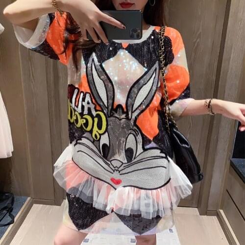 Womens Sequined Long T-shirts 2020 Summer Cute Cartoon Rabbit Embroidery Loose Tops Short Sleeve Plaid Shiny Tee Dance Club Wear