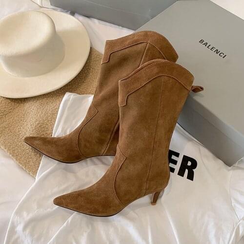 2021 Retro Western Cowboy Boots for Women Pointed Toe Womens Shoes Brand Embossing Suede Leather Shoes Mid-calf Chunky WESTERN