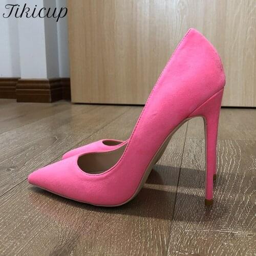Tikicup Women Solid Pink Flock Pointy Toe High Heels Ladies Plain Formal Slip On Dress Shoes Chic Stiletto Pumps 8cm 10cm 12cm