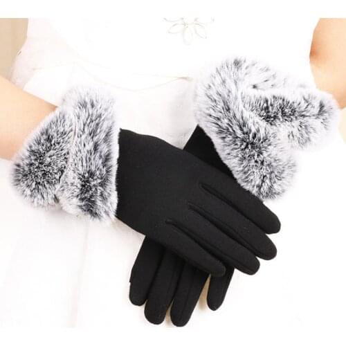 New Winter Ladies Non-Fleece Touch Screen Gloves Lace Rabbit Fur Mouth Riding Warm and Velvet Gloves