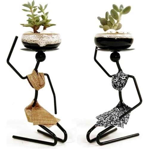 Woman Succulent Ceramic Flower Pot Kneeling Shape Potted Plant Wrought Iron Flower Stand Character Flower Pot Home Desktop Decor