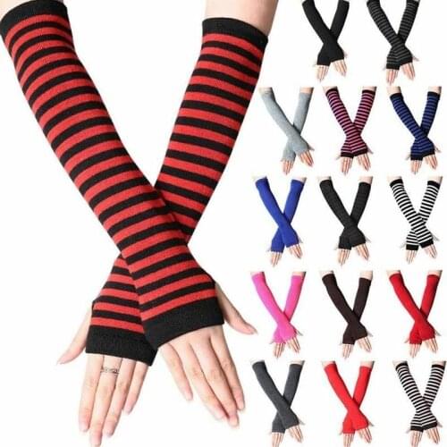 2021 Women Long Sleeve Striped Fingerless Arm Warm Knitted Wristband Sport Cycling Solid Color Fashion Glove Mittens Accessories