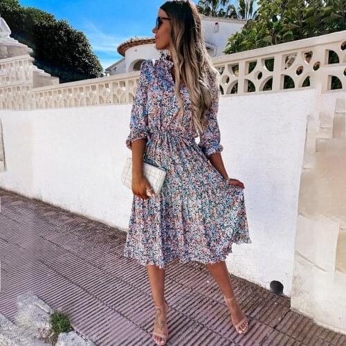 Women Casual Floral Midi Dress Fashion V-neck Long Sleeve Button Vestidos Ruffles Print Dresses For Women 2021 Robe Femme