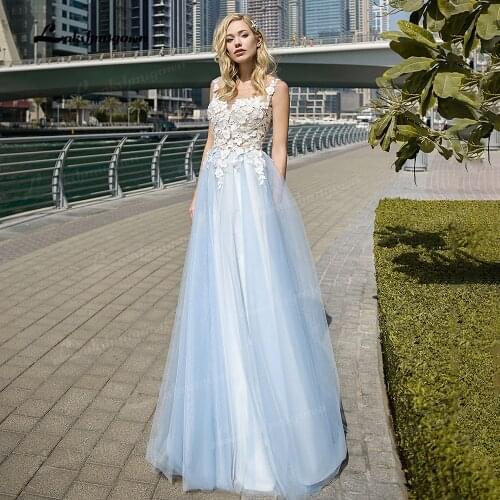 Vintage 3D Floral Wedding Dresses 2021 Light Blue Floor Length Applique Elegant A Line Custom Made Bridal Gowns Vestido De Noiva