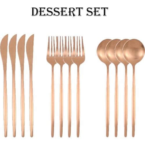 12pcs Stainless Steel Cutlery Dessert Set Spoons Matte Rose Gold Knife Fork Stirring Drink Ice Cream Utensils Afternoon Tea