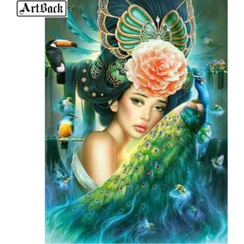 5d diamond painting full square peacock woman diamond embroidery set resin round diamond mosaic decoration