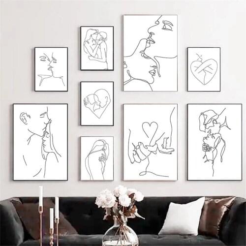 Black and White Lines Couple Kissing Canvas Painting Heart Shaped Art Holding Hands Posters and Prints Mural Pictures Home Decor