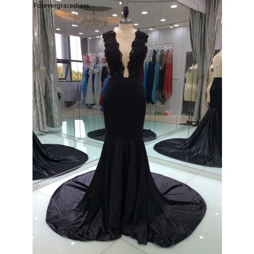 Black Mermaid Evening Dress Sheer Neck Sleeveless Lace Party Gown Custom Made Plus Size