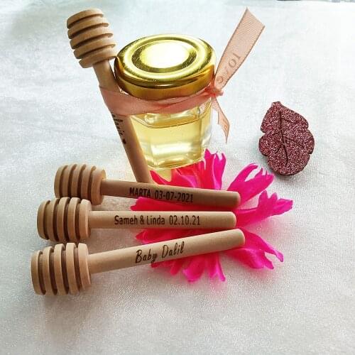 Personalized Wood Honey Dipper Sticks Hexagonal Shape Mini Glass Jars Honey Sticks Custom Wedding Favors Baby Shower Decorations