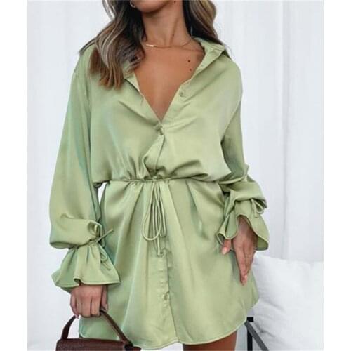 Hirigin Elegant Autumn Spring Mini Shirts Dress 2021 OL Solid Lapel Long Flare Sleeve Single-Breasted Lace-up Dress Vestidos