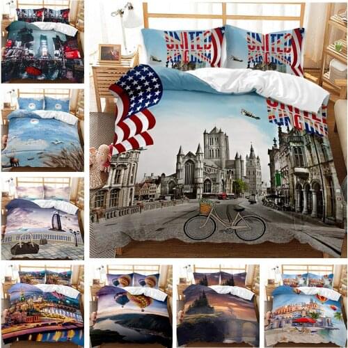 Eiffel Tower Landscape Decor Bedding Set 2/3psc Famous City Scene Comforter Cover Microfiber Cityscape Bedspread with Pillowcase