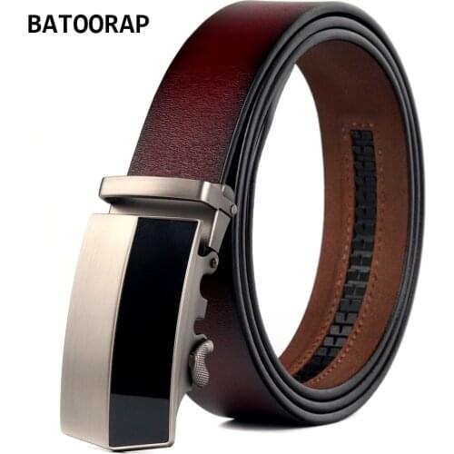 BATOORAP Designer Mens Leather Belt Wine Red Retro Jeans Trouser Strap Male Formal Fashion Magnet Buckles Luxury Ratchet Belts