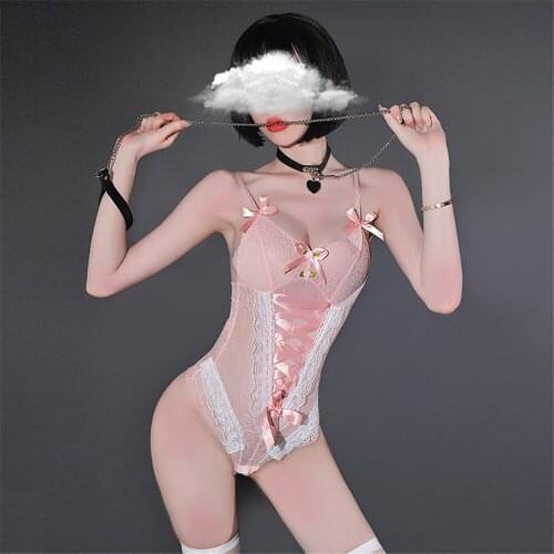New Sexy Pink Cotton Lace lingerie Set Maid Cosplay Lovely Bandage Bowknot Trim Sling Jumpsuits Erotic Bodysuit Women Underwear