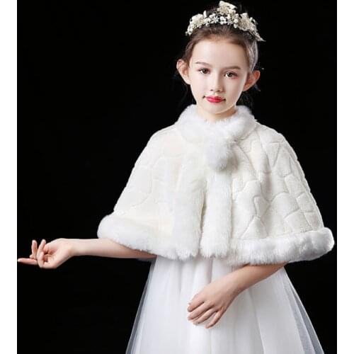 2-12T Kids Faux Fur Wedding Party Jacket Ivory White Wraps Shawl Cape Stole Girls Bolero Shrug For Children Winter Warm Coat