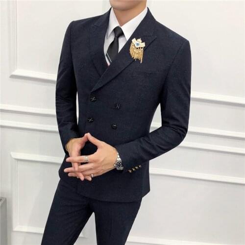 Jacket + Pants ) High-end Brand Fashion Double-breasted Solid Color Mens Casual Suit Groom Wedding Dress Formal Suit 2 Pcs Set