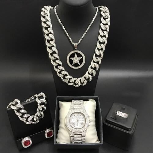 Luxury Men Silver Color Watch & Neckalce & Braclete & Ring & Earrings Combo Watch Set In Crystal Ice Out Cuban Neckacle For Men